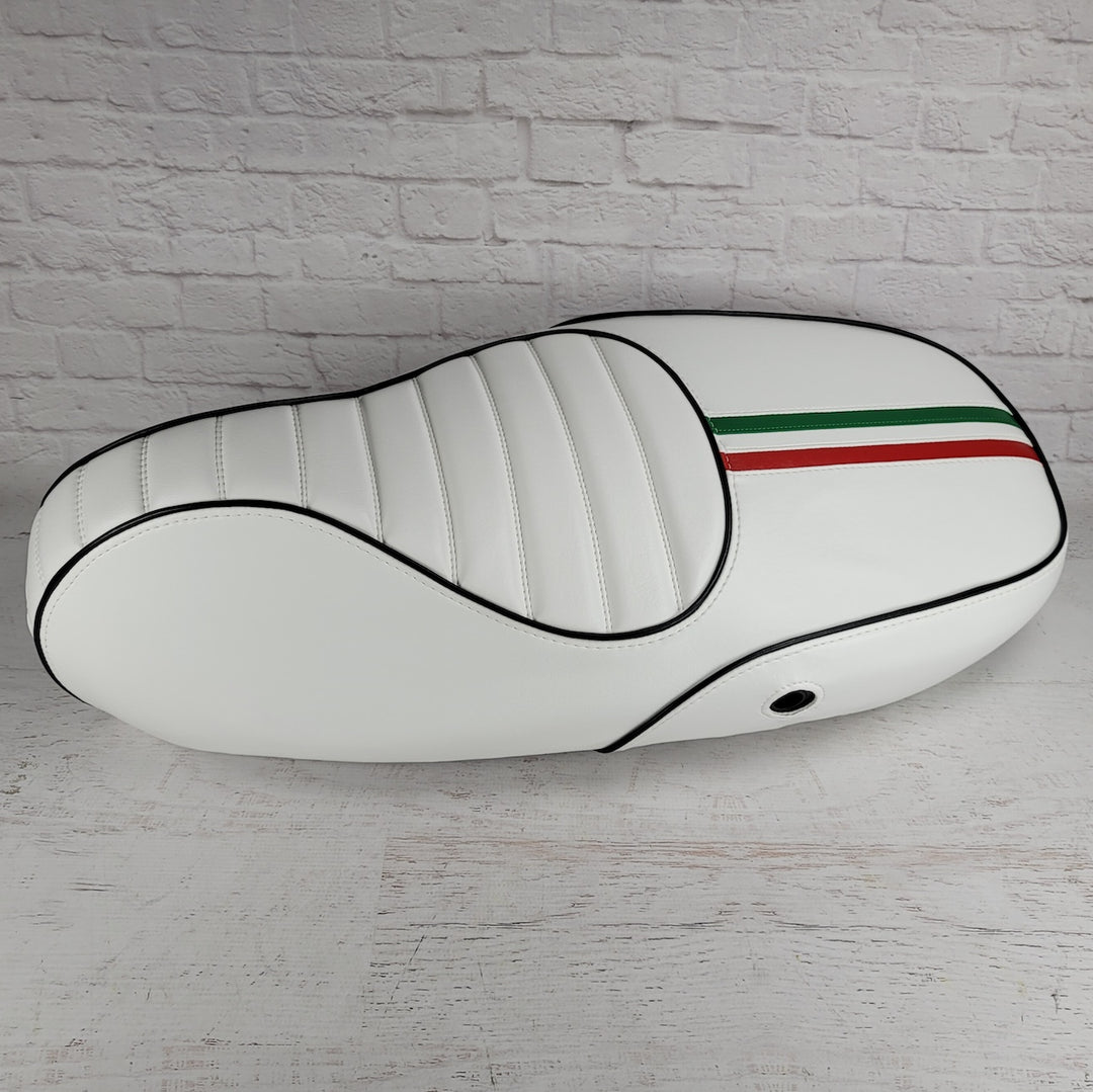 Vespa Sprint / Primavera WHITE Seat Cover Tuck and Roll with Italian Racing Stripe