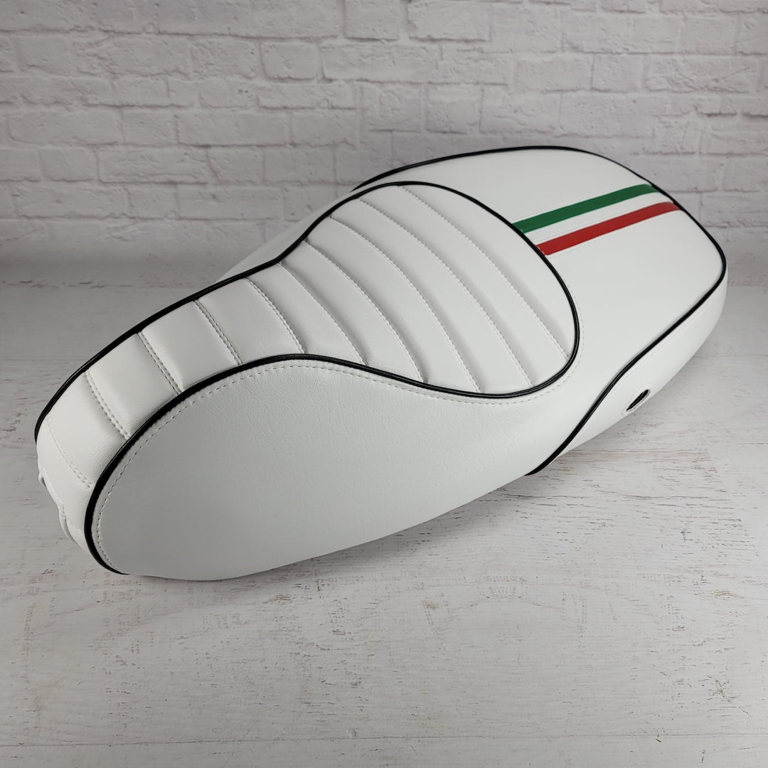 Vespa Sprint / Primavera WHITE Seat Cover Tuck and Roll with Italian Racing Stripe