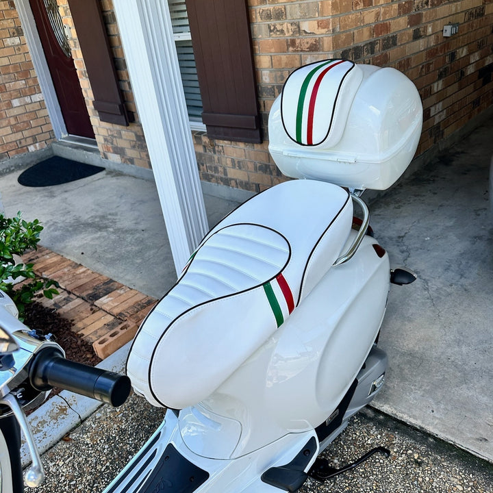 Vespa Sprint / Primavera WHITE Seat Cover Tuck and Roll with Italian Racing Stripe